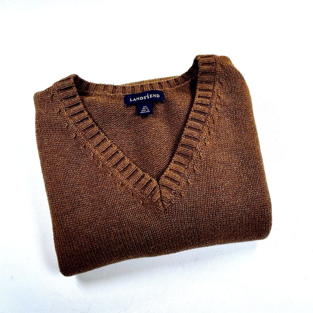 Vintage Lands End V-neck Sweater Vest Brown Tan 100% Cotton Hong Kong Mens XXL - Picture 9 of 9